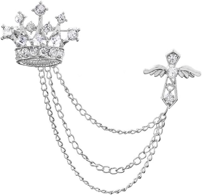 Uarein Cross Crown Long Chain Brooch, Rhinestone Tassel Brooch Pin,Retro Crystal Suit Pins Collar Pin,Coat Tassel Chain Lapel Pins for Men's Suit Accessories - Image 1